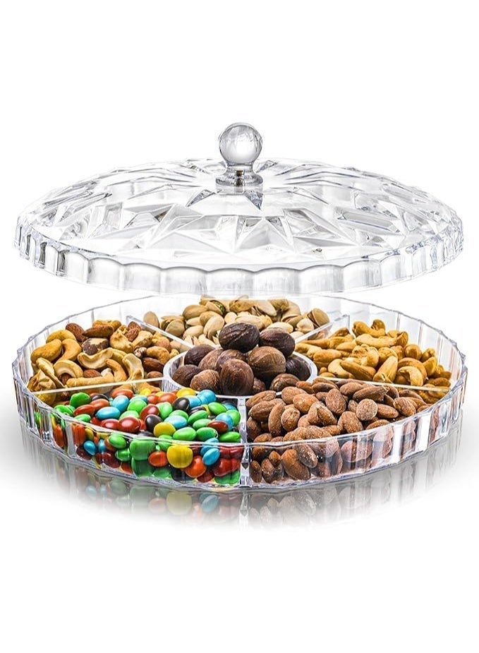 Snack Serving Tray, Appetizer Tray with Lid, 6 Compartments Round Plastic Food Storage Organizer for Dried Fruits, Nuts, Candies, Sweet Cookies, and Fruits - Image 1